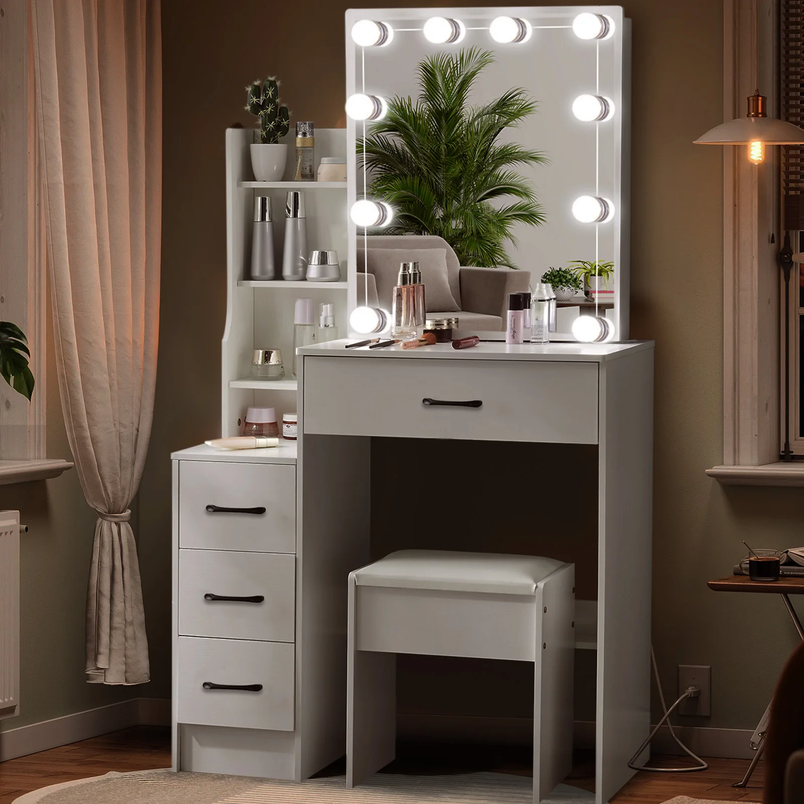Modern White Dressing Table Stool Set with 3-Color Adjustable LED Light Mirror 4 Drawers For Bedroom Living Room Vanity Table
