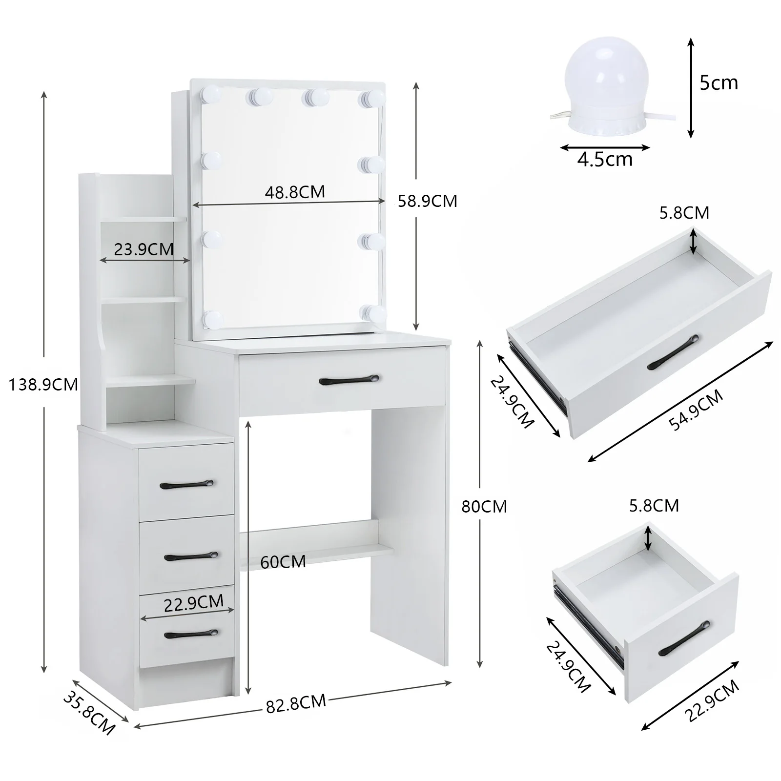 Modern White Dressing Table Stool Set with 3-Color Adjustable LED Light Mirror 4 Drawers For Bedroom Living Room Vanity Table