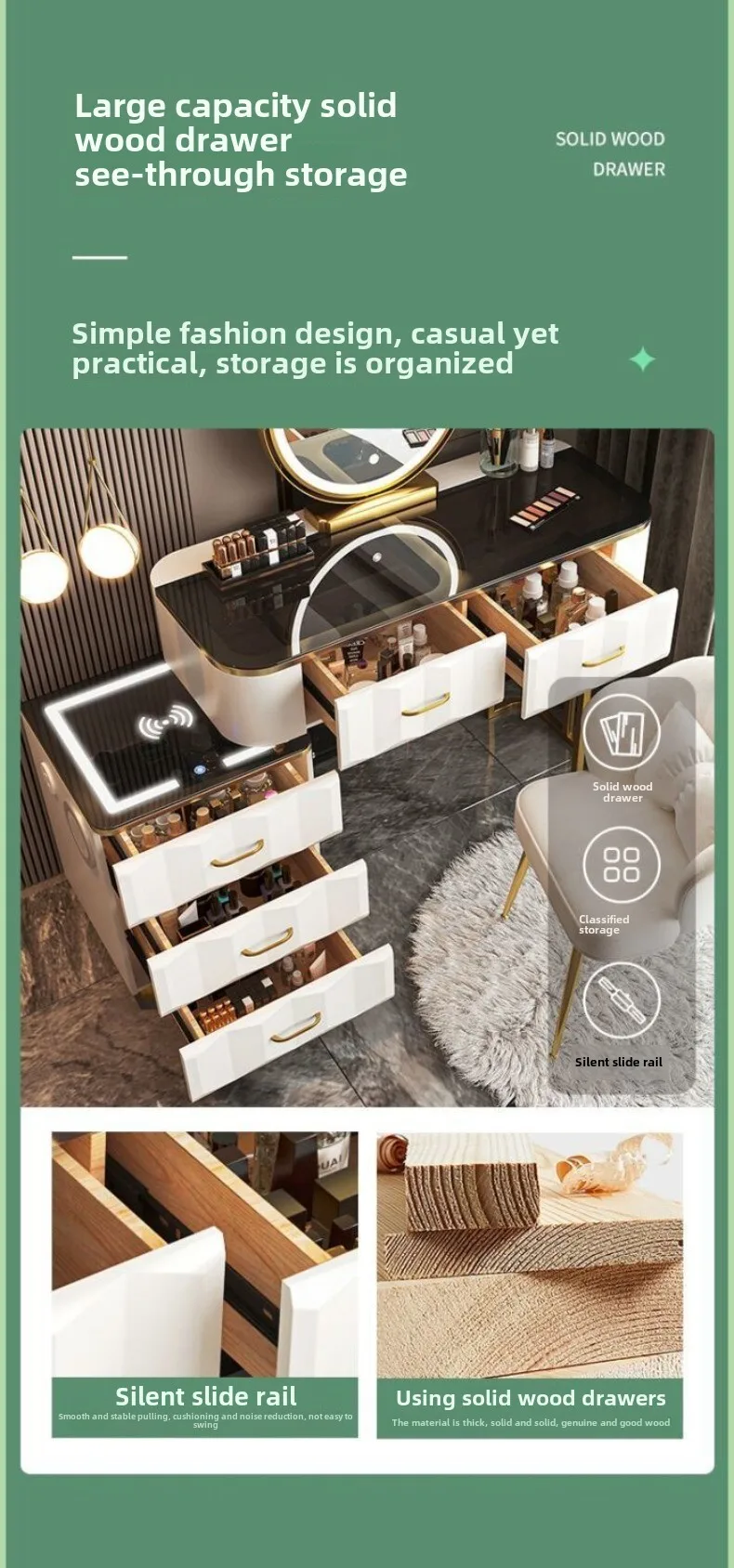 Multi-functional Smart Dresser,Wireless Charging Light Luxury Nordic Bedroom Makeup Table,Modern Simple Princess Dressing Table