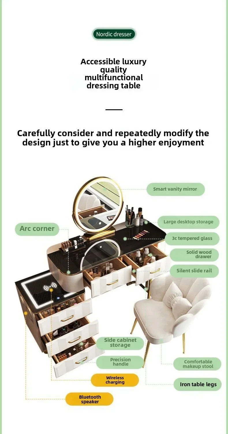 Multi-functional Smart Dresser,Wireless Charging Light Luxury Nordic Bedroom Makeup Table,Modern Simple Princess Dressing Table