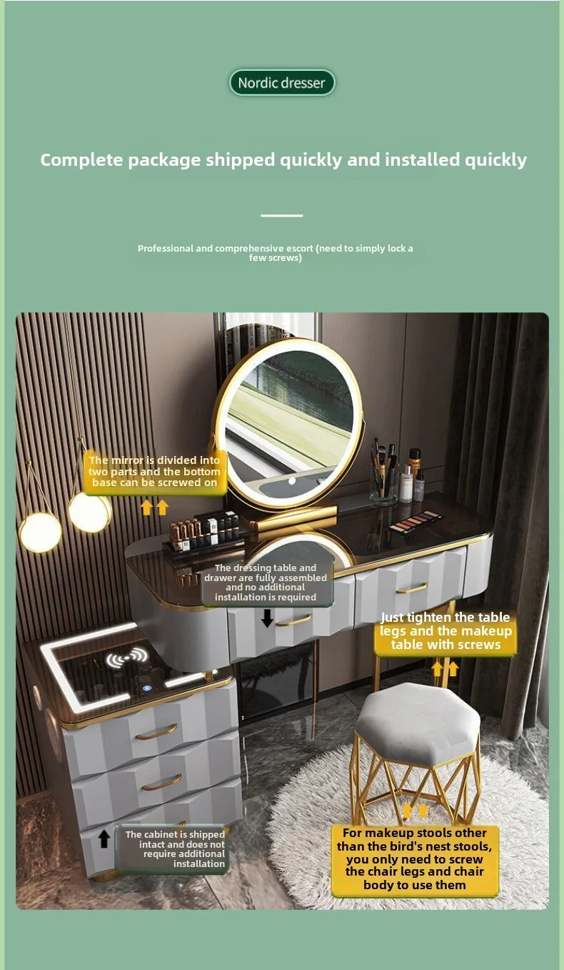 Multi-functional Smart Dresser,Wireless Charging Light Luxury Nordic Bedroom Makeup Table,Modern Simple Princess Dressing Table