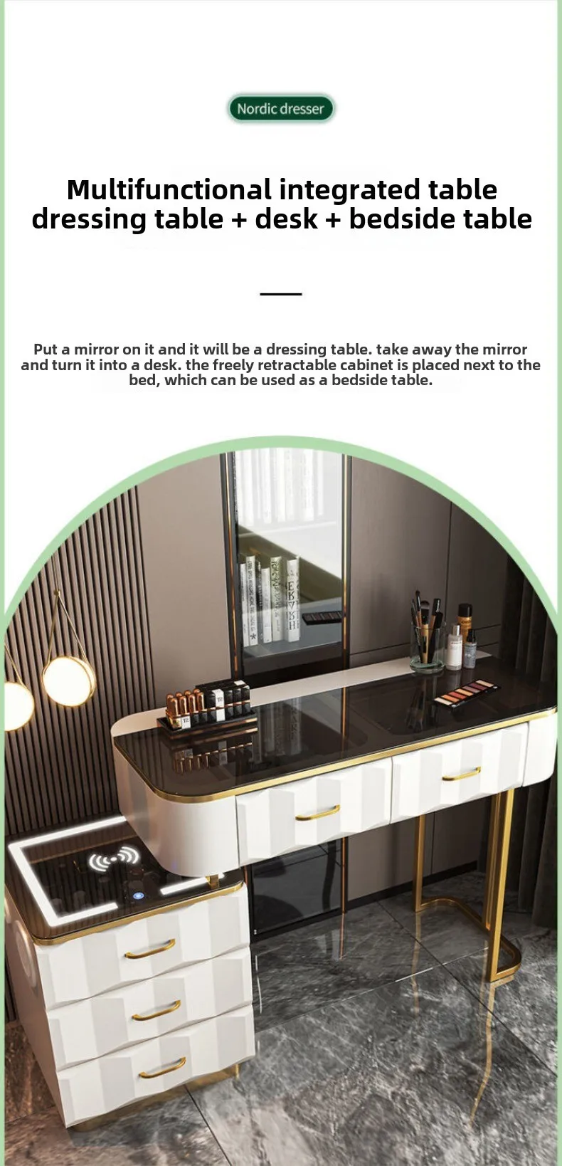 Multi-functional Smart Dresser,Wireless Charging Light Luxury Nordic Bedroom Makeup Table,Modern Simple Princess Dressing Table
