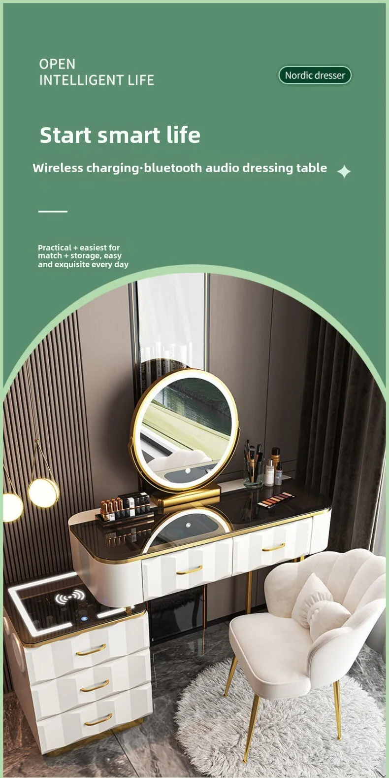 Multi-functional Smart Dresser,Wireless Charging Light Luxury Nordic Bedroom Makeup Table,Modern Simple Princess Dressing Table