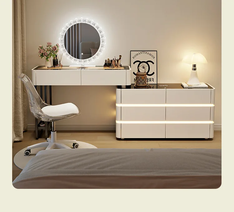 Modern Dressing Table Vanity Desk with Wireless Charge Station Bluetooth Glass Top LED Mirror with 6 Drawer Storage Side Cabinet