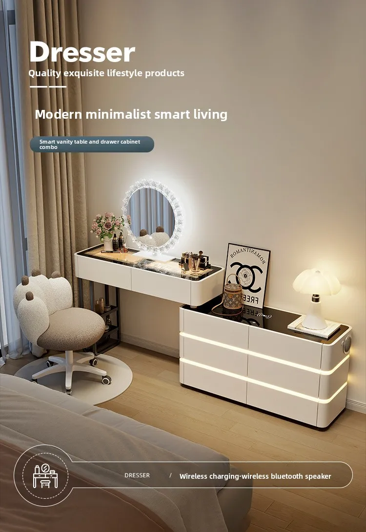 Modern Dressing Table Vanity Desk with Wireless Charge Station Bluetooth Glass Top LED Mirror with 6 Drawer Storage Side Cabinet