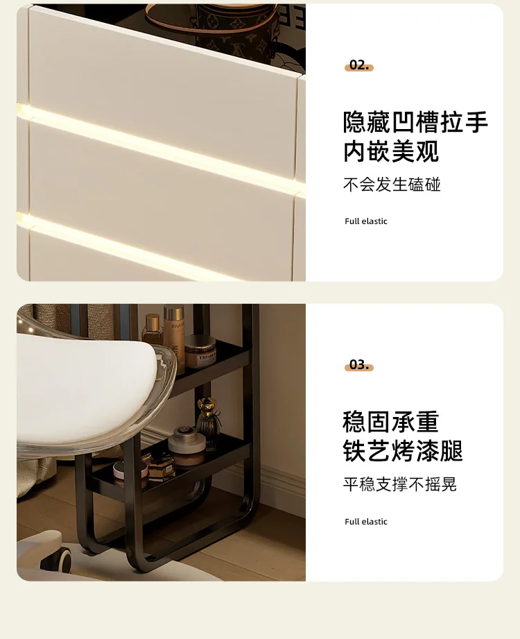 Modern Dressing Table Vanity Desk with Wireless Charge Station Bluetooth Glass Top LED Mirror with 6 Drawer Storage Side Cabinet