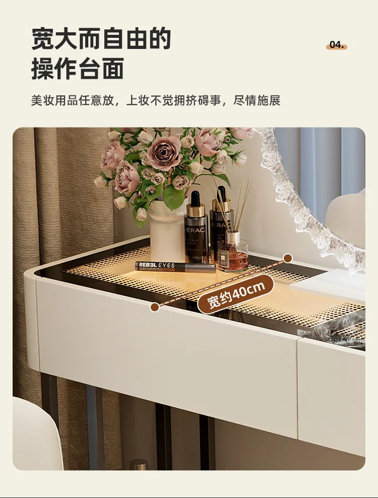 Modern Dressing Table Vanity Desk with Wireless Charge Station Bluetooth Glass Top LED Mirror with 6 Drawer Storage Side Cabinet