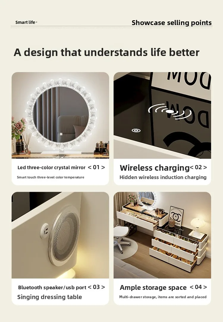 Modern Dressing Table Vanity Desk with Wireless Charge Station Bluetooth Glass Top LED Mirror with 6 Drawer Storage Side Cabinet