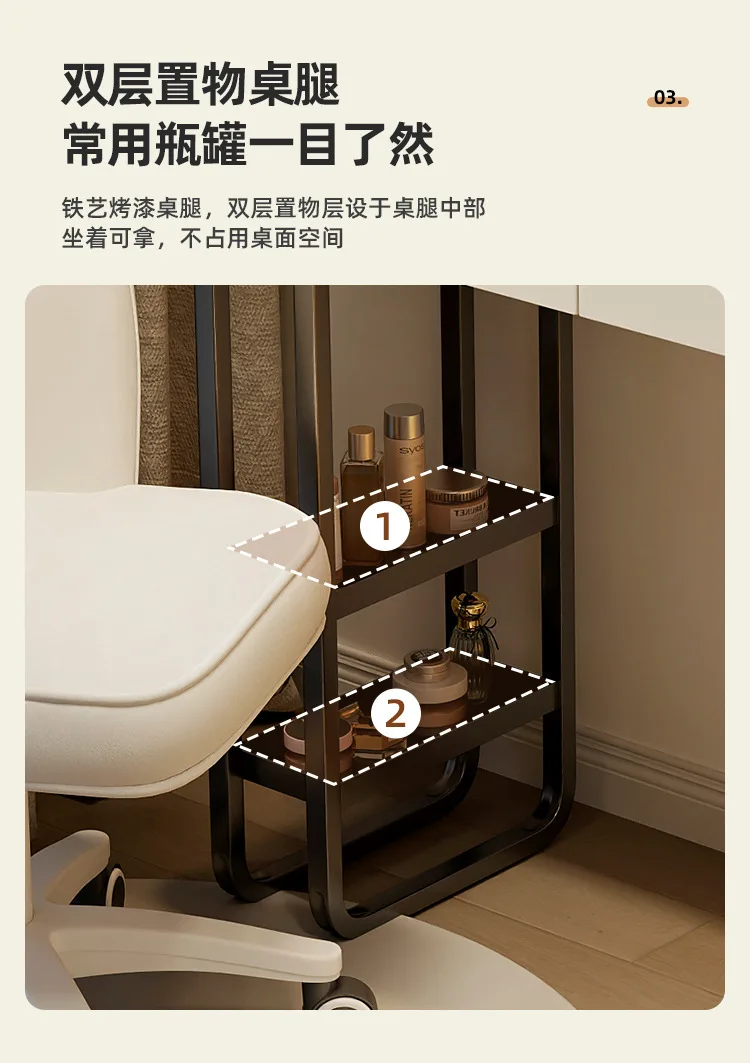 Modern Dressing Table Vanity Desk with Wireless Charge Station Bluetooth Glass Top LED Mirror with 6 Drawer Storage Side Cabinet