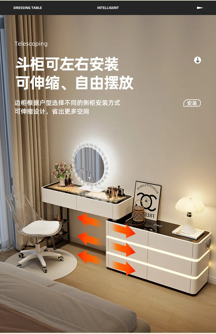 Modern Dressing Table Vanity Desk with Wireless Charge Station Bluetooth Glass Top LED Mirror with 6 Drawer Storage Side Cabinet