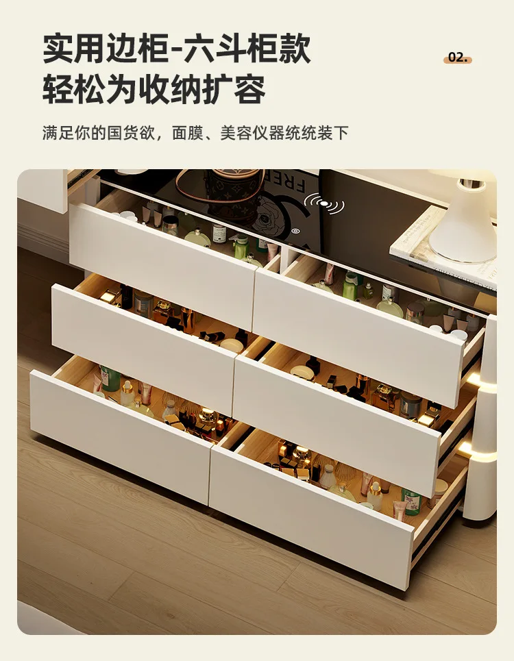 Modern Dressing Table Vanity Desk with Wireless Charge Station Bluetooth Glass Top LED Mirror with 6 Drawer Storage Side Cabinet