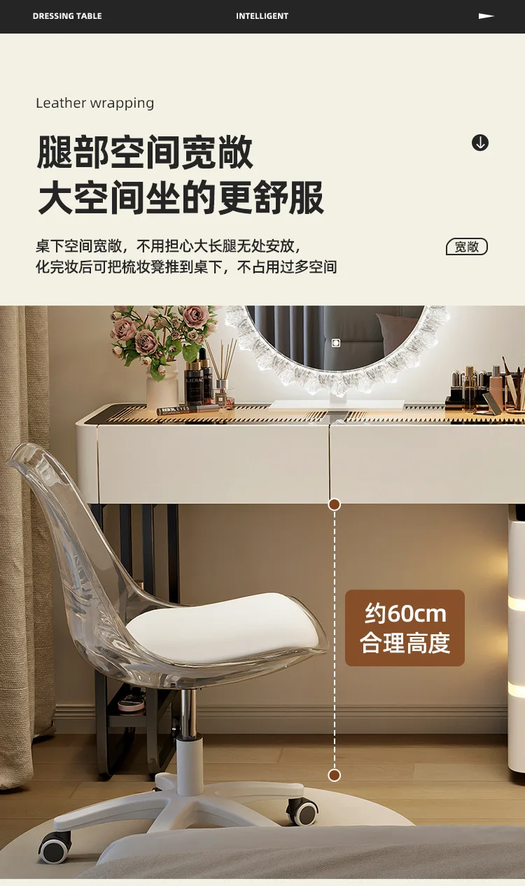 Modern Dressing Table Vanity Desk with Wireless Charge Station Bluetooth Glass Top LED Mirror with 6 Drawer Storage Side Cabinet