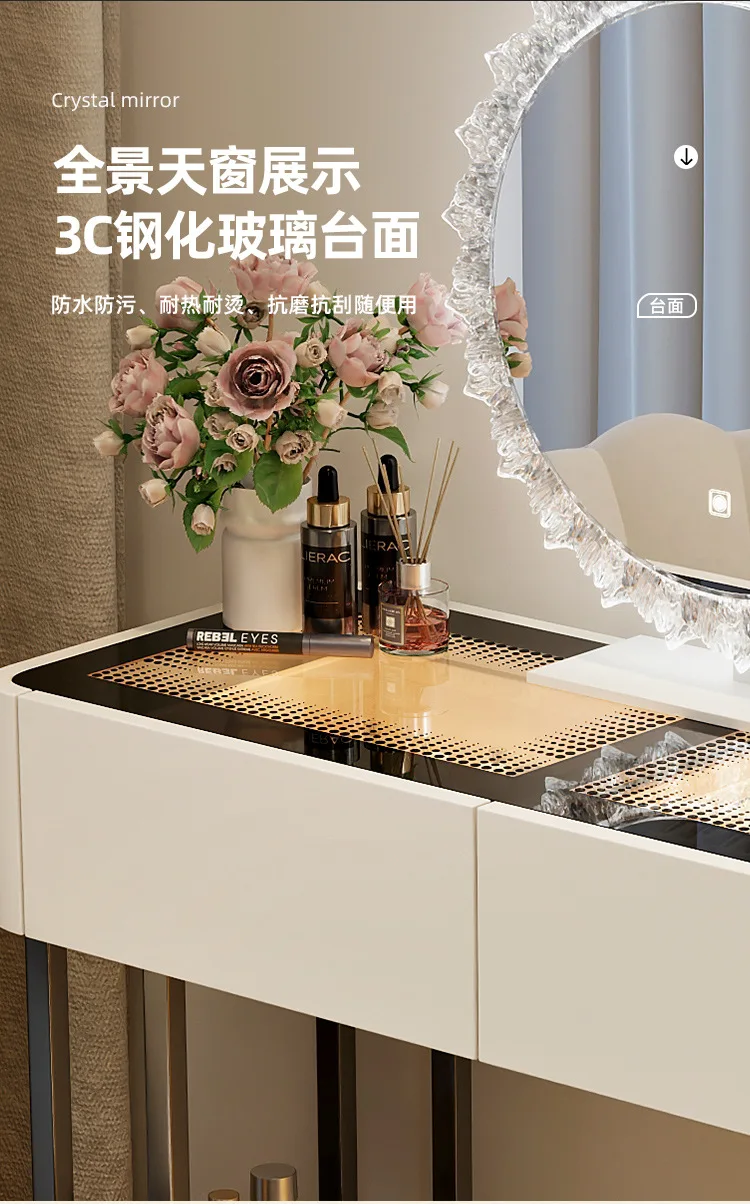 Modern Dressing Table Vanity Desk with Wireless Charge Station Bluetooth Glass Top LED Mirror with 6 Drawer Storage Side Cabinet