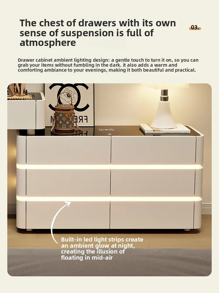 Modern Dressing Table Vanity Desk with Wireless Charge Station Bluetooth Glass Top LED Mirror with 6 Drawer Storage Side Cabinet