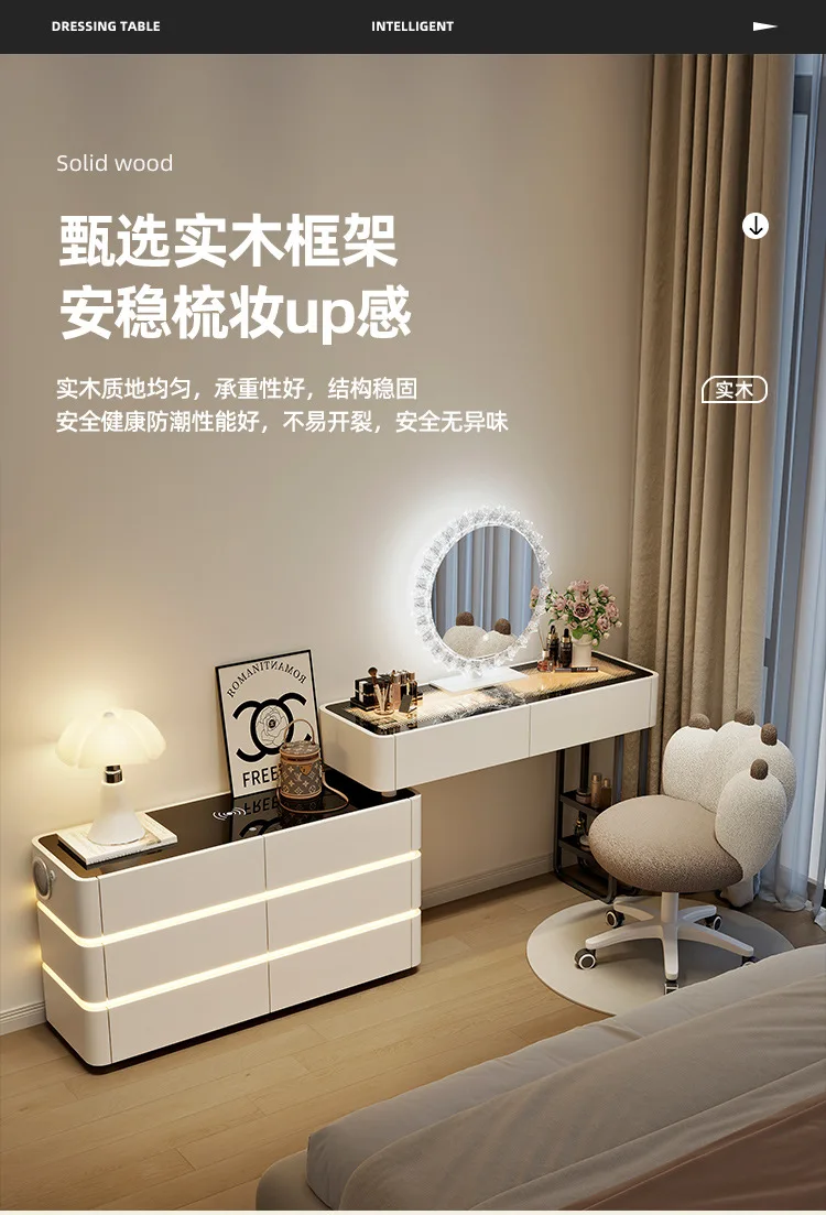 Modern Dressing Table Vanity Desk with Wireless Charge Station Bluetooth Glass Top LED Mirror with 6 Drawer Storage Side Cabinet