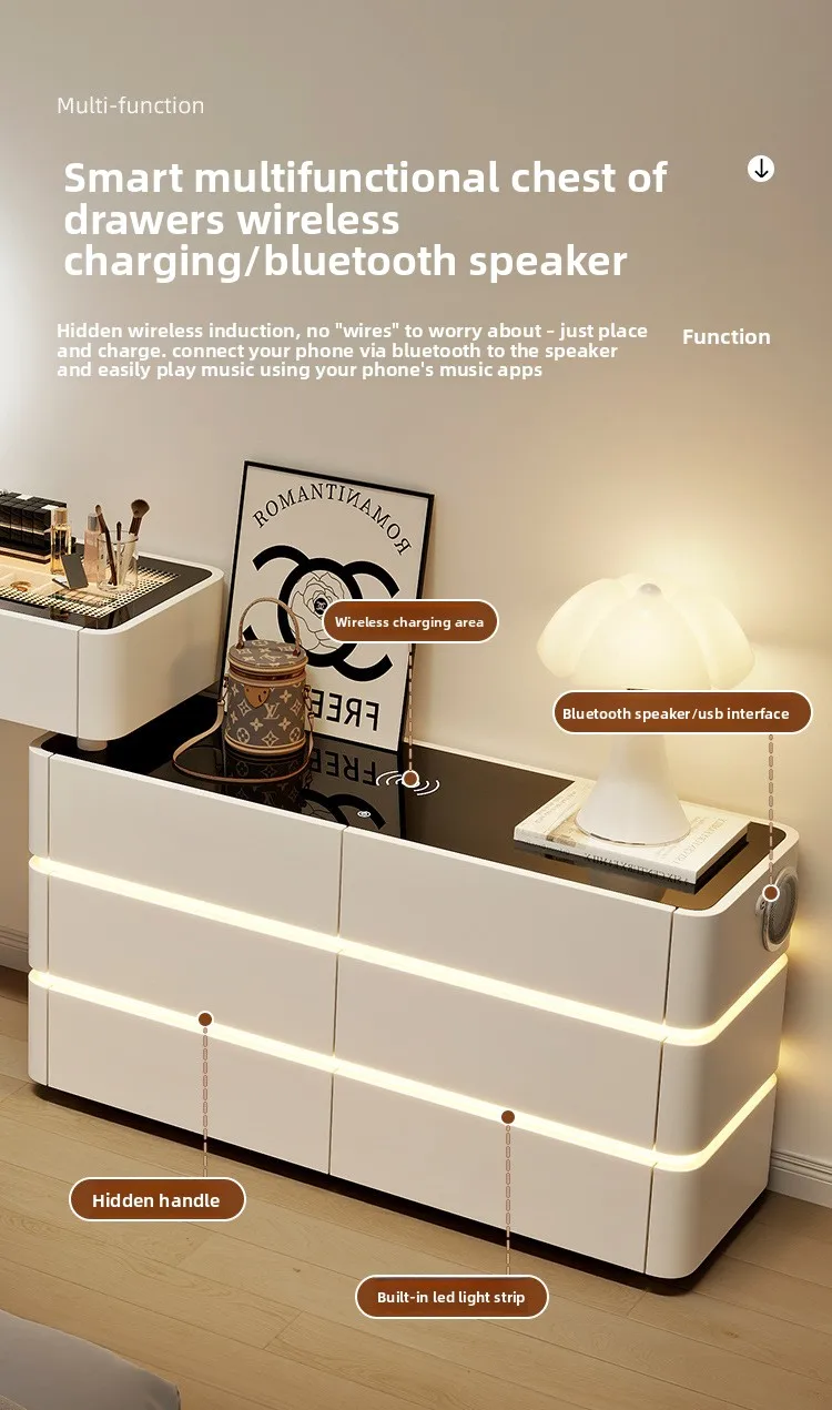 Modern Dressing Table Vanity Desk with Wireless Charge Station Bluetooth Glass Top LED Mirror with 6 Drawer Storage Side Cabinet