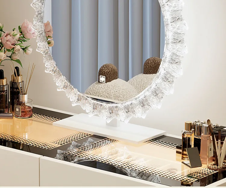 Modern Dressing Table Vanity Desk with Wireless Charge Station Bluetooth Glass Top LED Mirror with 6 Drawer Storage Side Cabinet