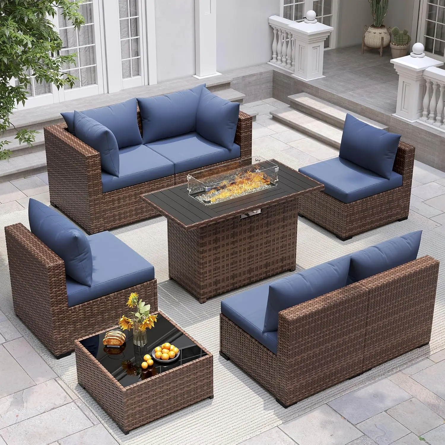 Furniture Set with Fire Pit Table, 8 Piece Sectional Sofas, All-Weather Wicker Conversation for Garden, Backyard,, Customized