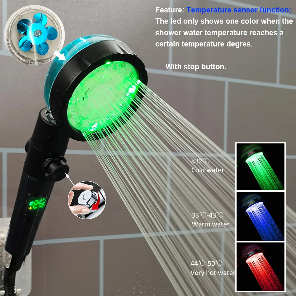 3/7 Colors Changes Led Shower Head with Propeller Stop Button Turbocharging High Pressure Showerhead Temperature Display Shower 3/7 Colors Changes Led Shower Head with Propeller Stop Button Turbocharging High Pressure Showerhead Temperature Display Shower