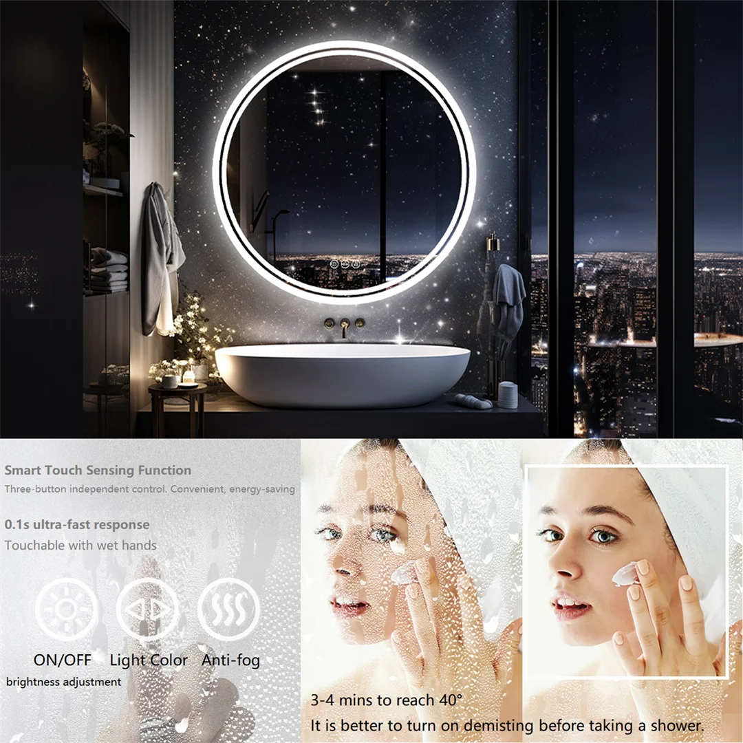 LUVODI 80cm Round Bathroom Mirror with Intelligent Illuminate Touch Screen Dimmable Anti-Fog LED Light for Bathroom