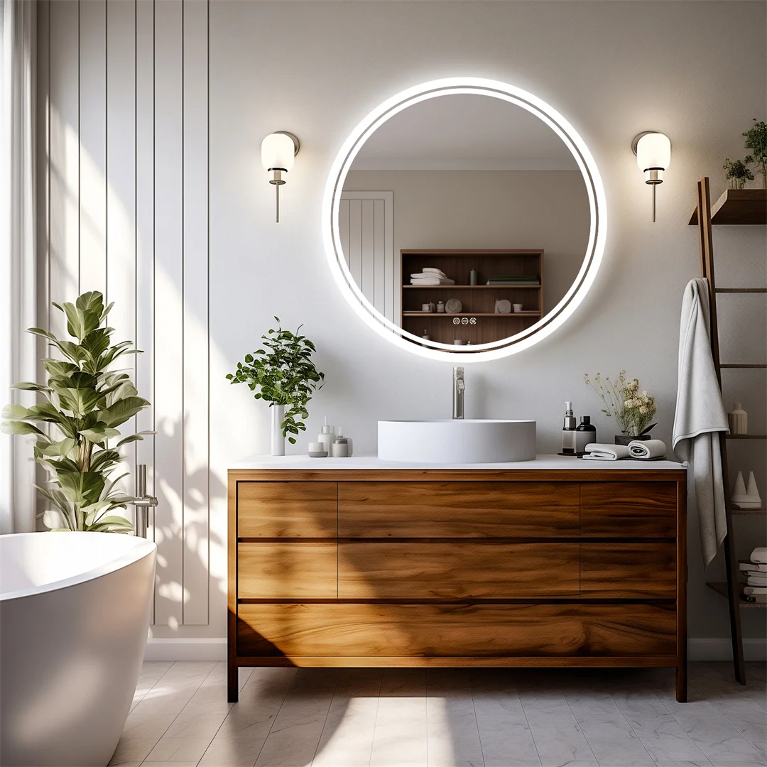 LUVODI 80cm Round Bathroom Mirror with Intelligent Illuminate Touch Screen Dimmable Anti-Fog LED Light for Bathroom