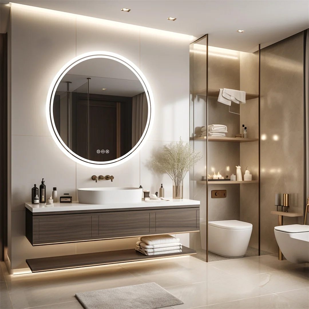 LUVODI 80cm Round Bathroom Mirror with Intelligent Illuminate Touch Screen Dimmable Anti-Fog LED Light for Bathroom