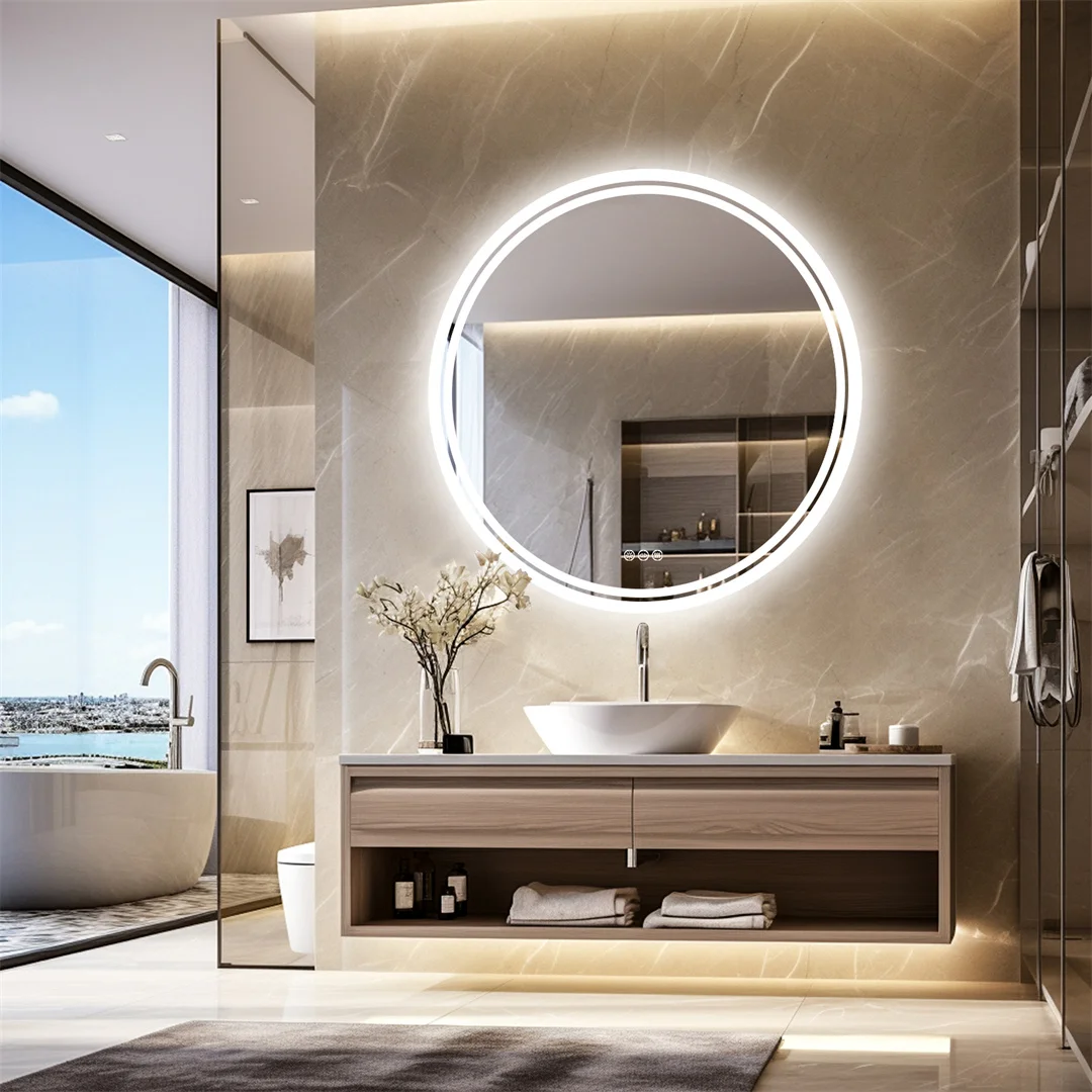 LUVODI 80cm Round Bathroom Mirror with Intelligent Illuminate Touch Screen Dimmable Anti-Fog LED Light for Bathroom