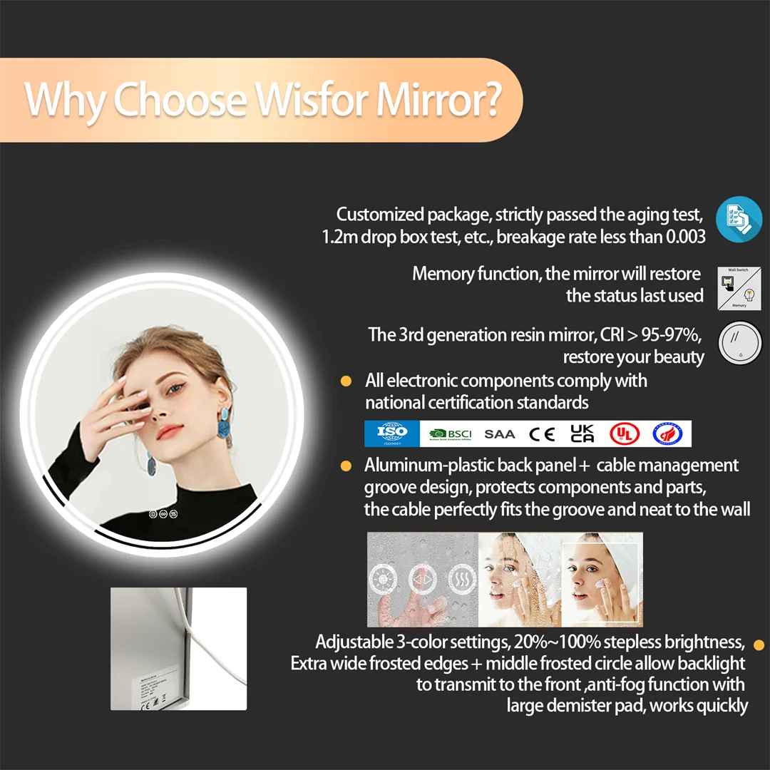 LUVODI 80cm Round Bathroom Mirror with Intelligent Illuminate Touch Screen Dimmable Anti-Fog LED Light for Bathroom