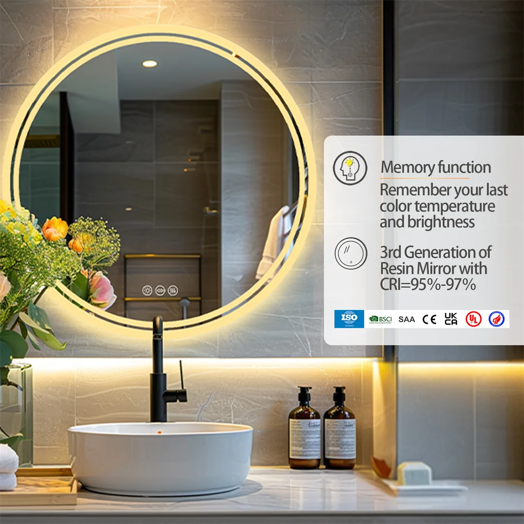 LUVODI 80cm Round Bathroom Mirror with Intelligent Illuminate Touch Screen Dimmable Anti-Fog LED Light for Bathroom