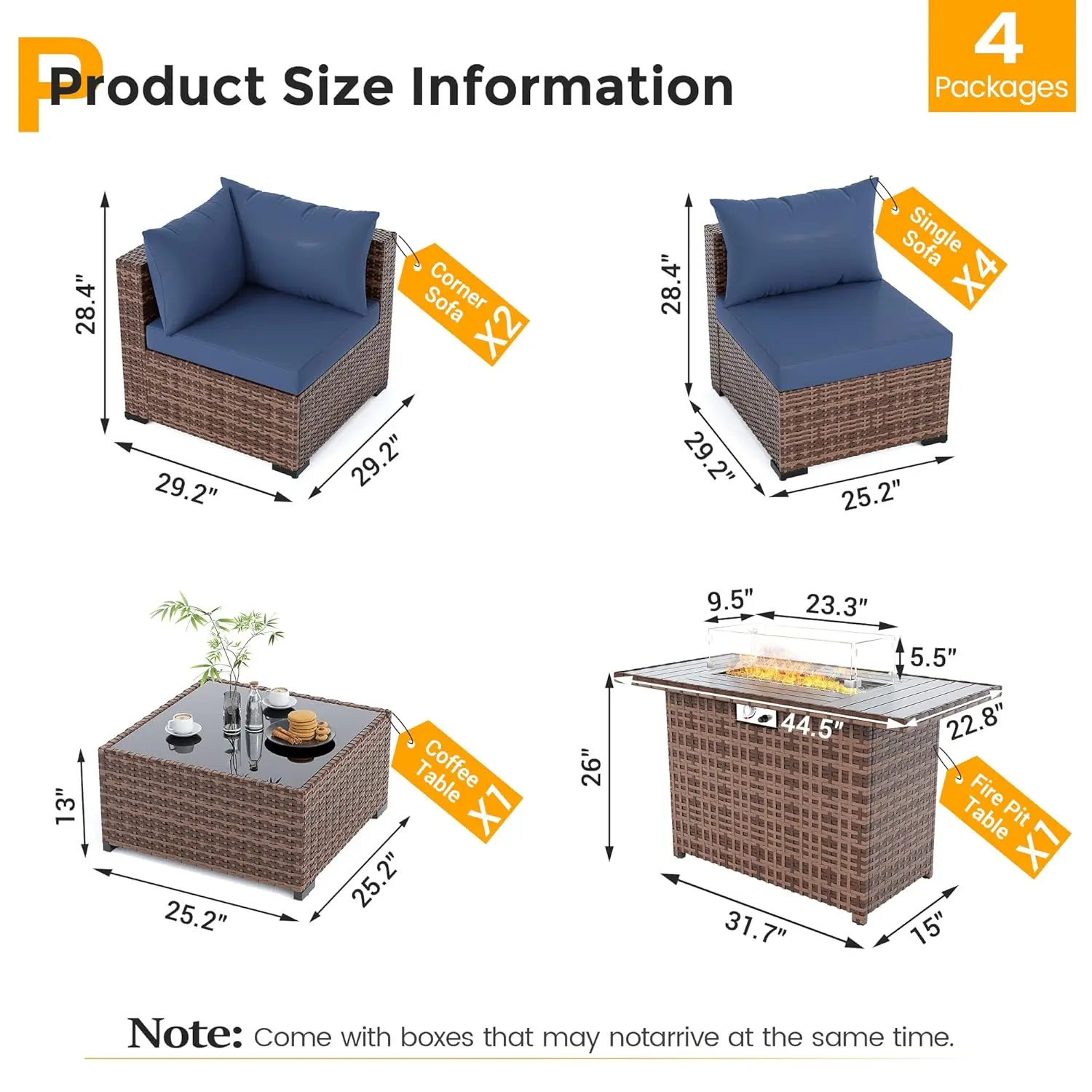 Furniture Set with Fire Pit Table, 8 Piece Sectional Sofas, All-Weather Wicker Conversation for Garden, Backyard,, Customized