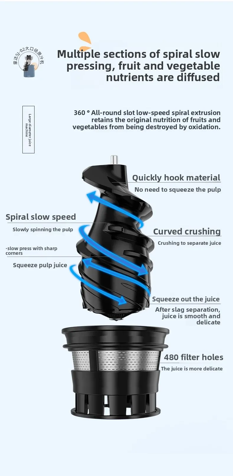 Household Slow Juicer Large Caliber Juice Extractor Pulp Separation Machine with Juice Cup