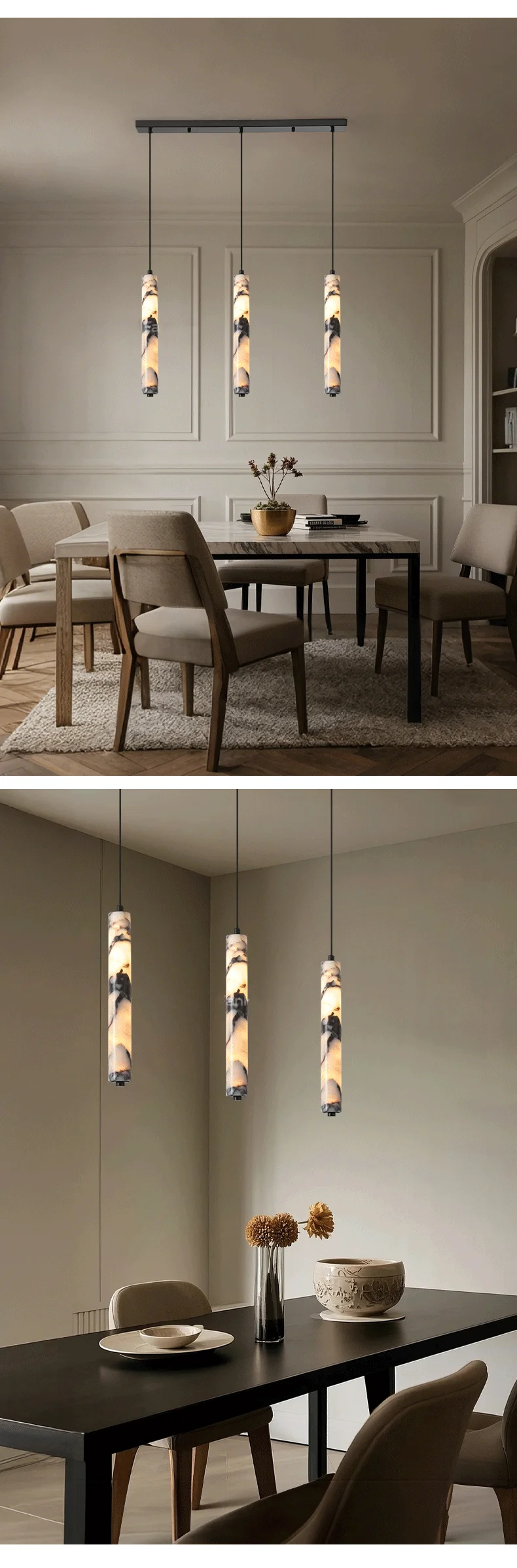 Luxury Black Cylinder Natural Stone Pendant Lamp High-end Bedside LED Chandelier Living Room Decoration Home Hanging Lights