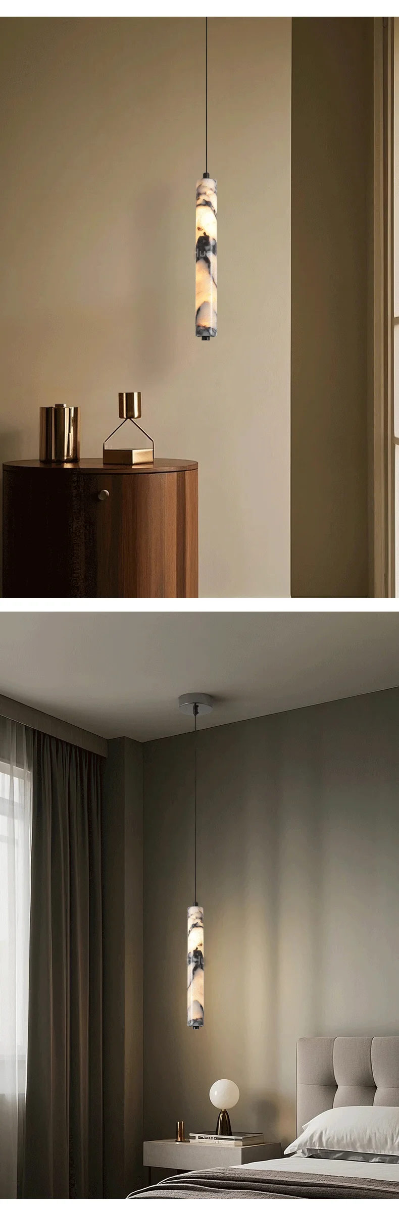 Luxury Black Cylinder Natural Stone Pendant Lamp High-end Bedside LED Chandelier Living Room Decoration Home Hanging Lights