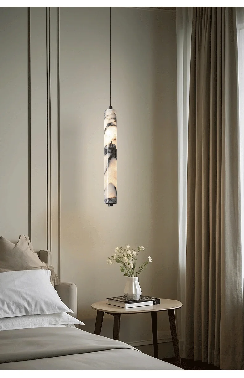 Luxury Black Cylinder Natural Stone Pendant Lamp High-end Bedside LED Chandelier Living Room Decoration Home Hanging Lights