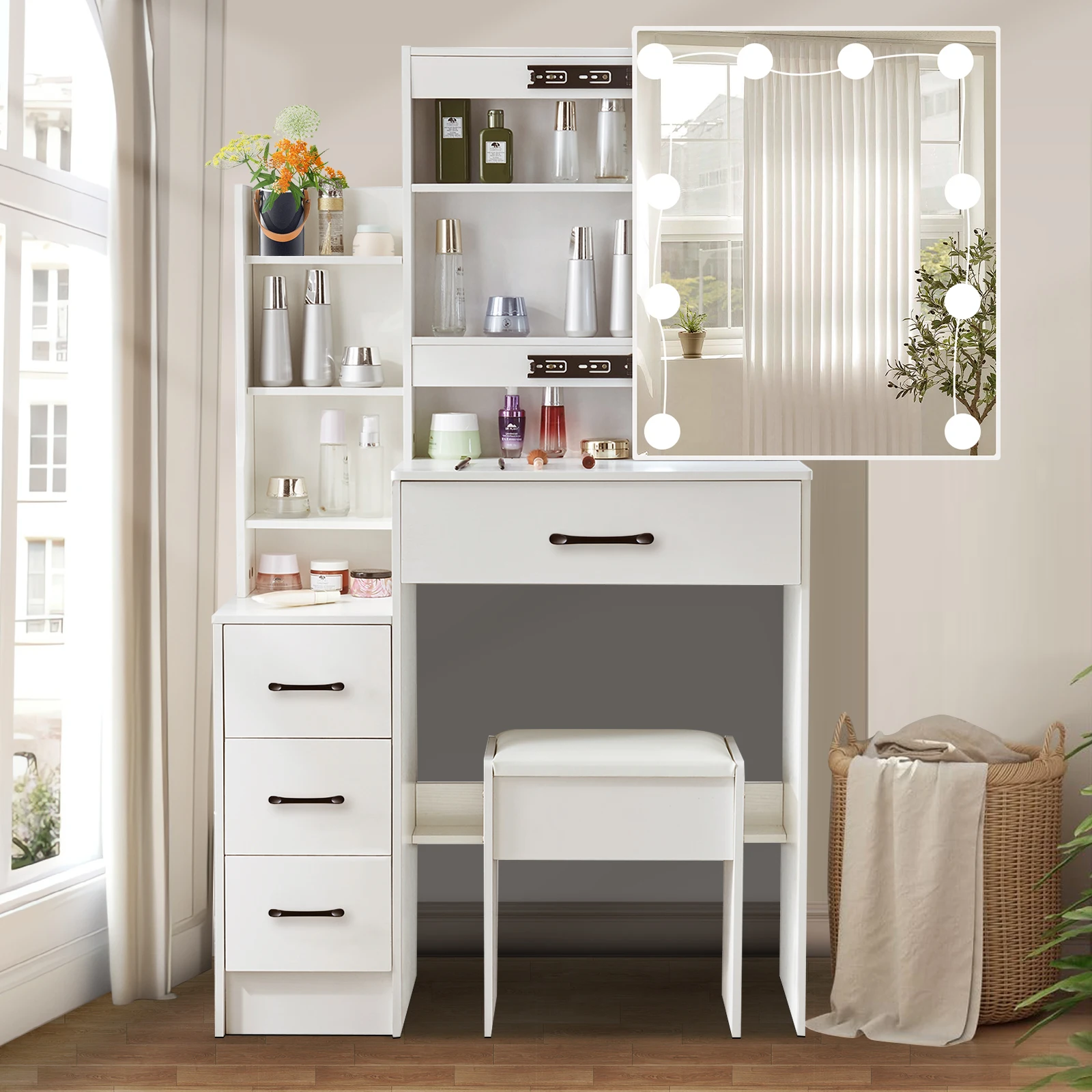 Modern White Dressing Table Stool Set with 3-Color Adjustable LED Light Mirror 4 Drawers For Bedroom Living Room Vanity Table Color: WHITE Ships From: United States|United Kingdom|Germany|Australia|Mexico Modern White Dressing Table Stool Set with 3-Color Adjustable LED Light Mirror 4 Drawers For Bedroom Living Room Vanity Table Color: WHITE Ships From: United States|United Kingdom|Germany|Australia|Mexico