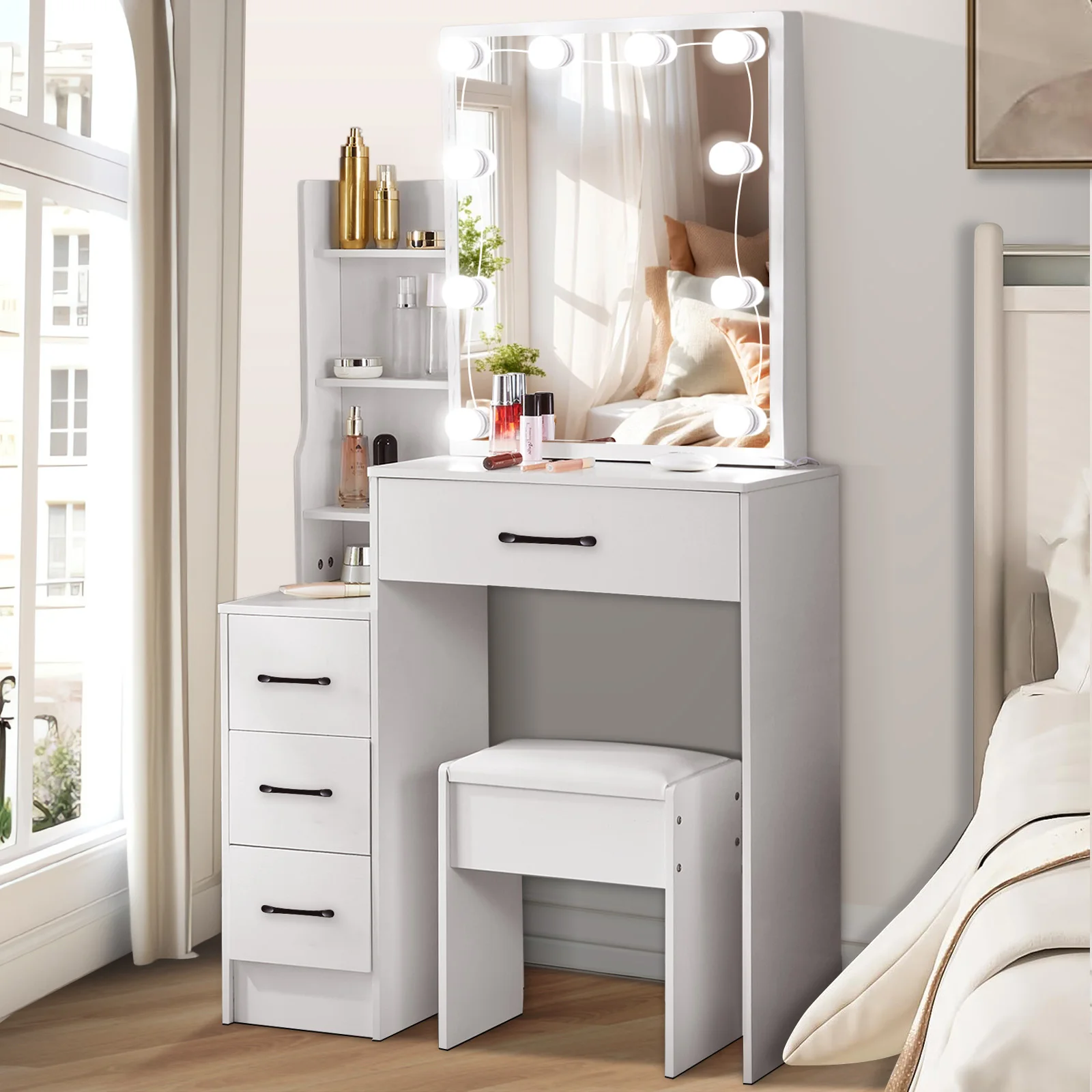 Modern White Dressing Table Stool Set with 3-Color Adjustable LED Light Mirror 4 Drawers For Bedroom Living Room Vanity Table Modern White Dressing Table Stool Set with 3-Color Adjustable LED Light Mirror 4 Drawers For Bedroom Living Room Vanity Table