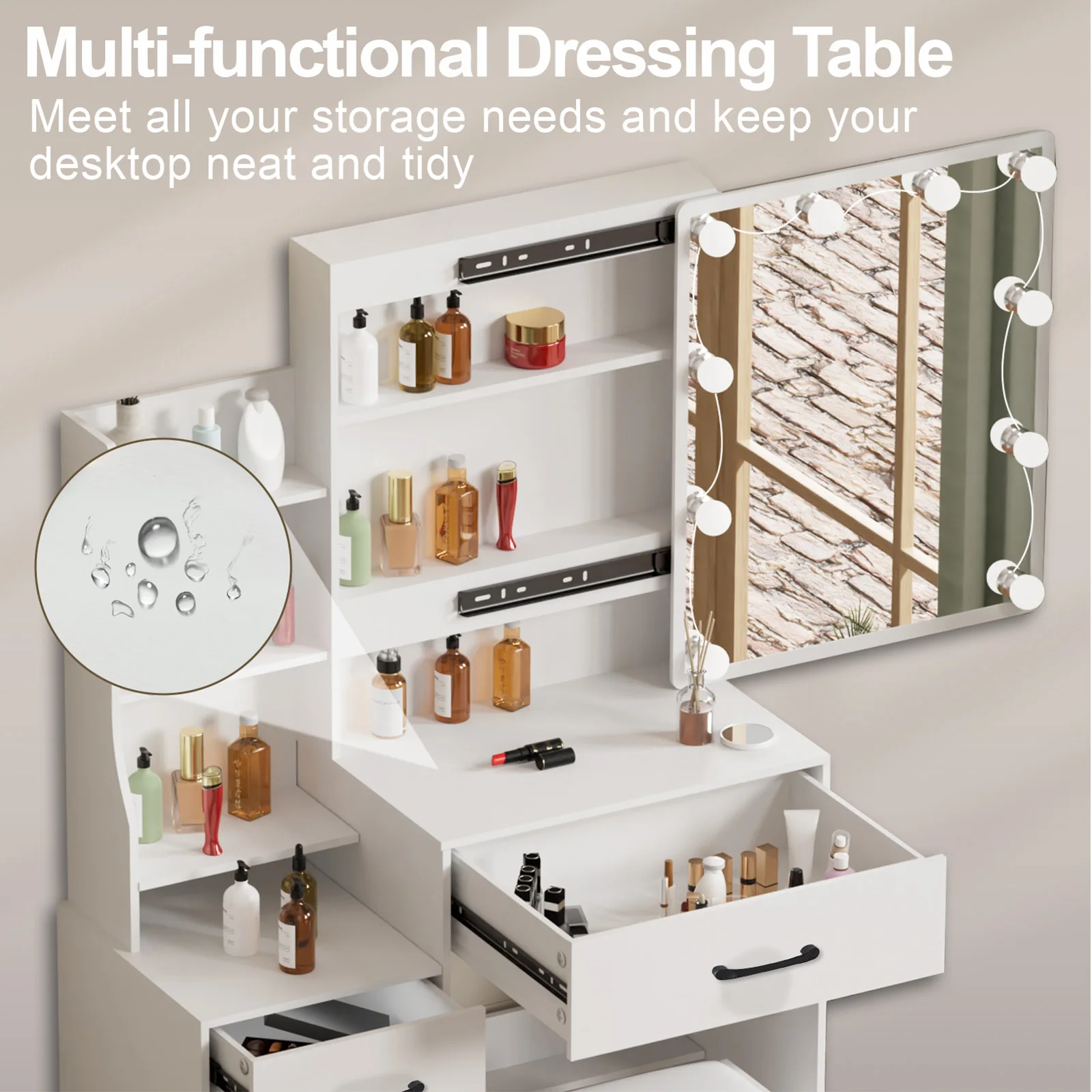 Modern White Dressing Table Stool Set with 3-Color Adjustable LED Light Mirror 4 Drawers For Bedroom Living Room Vanity Table Modern White Dressing Table Stool Set with 3-Color Adjustable LED Light Mirror 4 Drawers For Bedroom Living Room Vanity Table