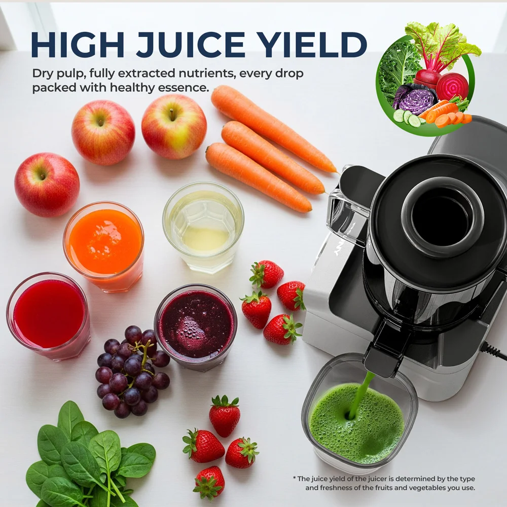 ROUNY Slow Juicer, Cold Press Extractor with Filter-Free, Easy Clean Electric Fruit Juicer Machine with Large Caliber,  Black