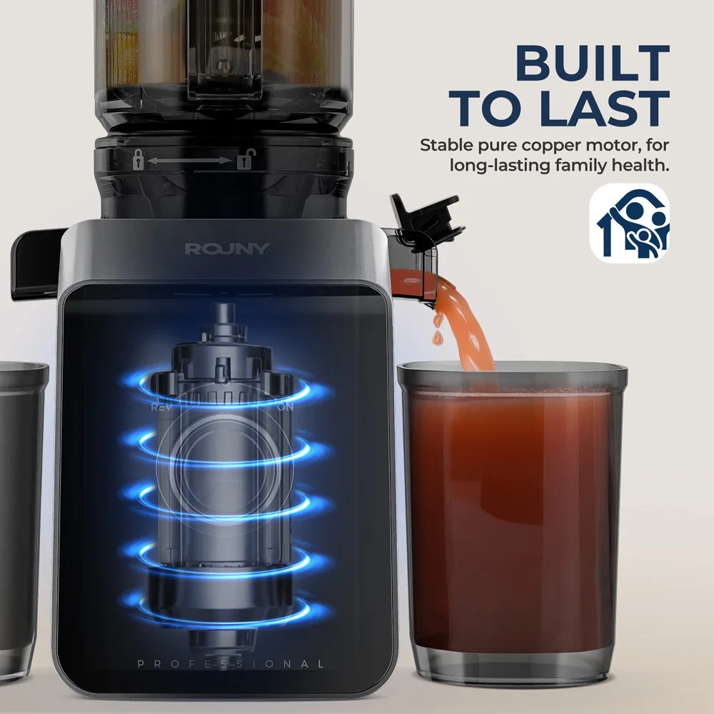 ROUNY Slow Juicer, Cold Press Extractor with Filter-Free, Easy Clean Electric Fruit Juicer Machine with Large Caliber,  Black