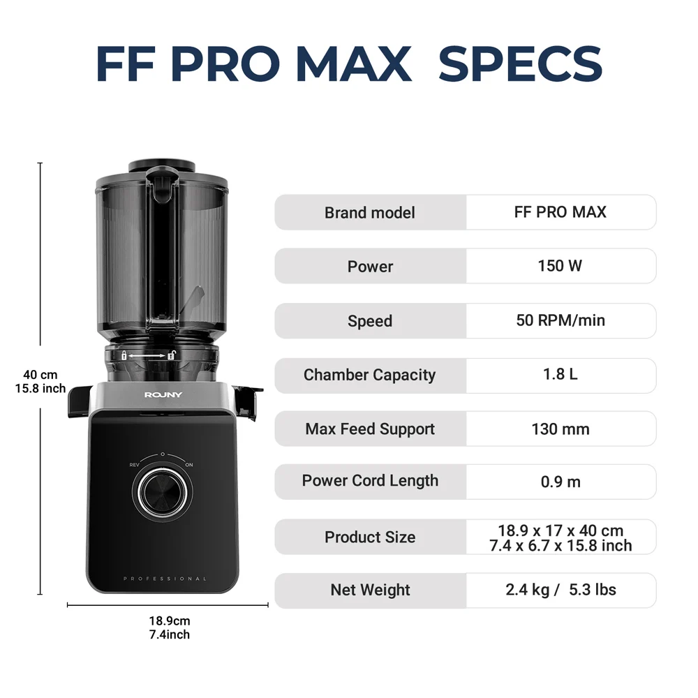 ROUNY Slow Juicer, Cold Press Extractor with Filter-Free, Easy Clean Electric Fruit Juicer Machine with Large Caliber,  Black