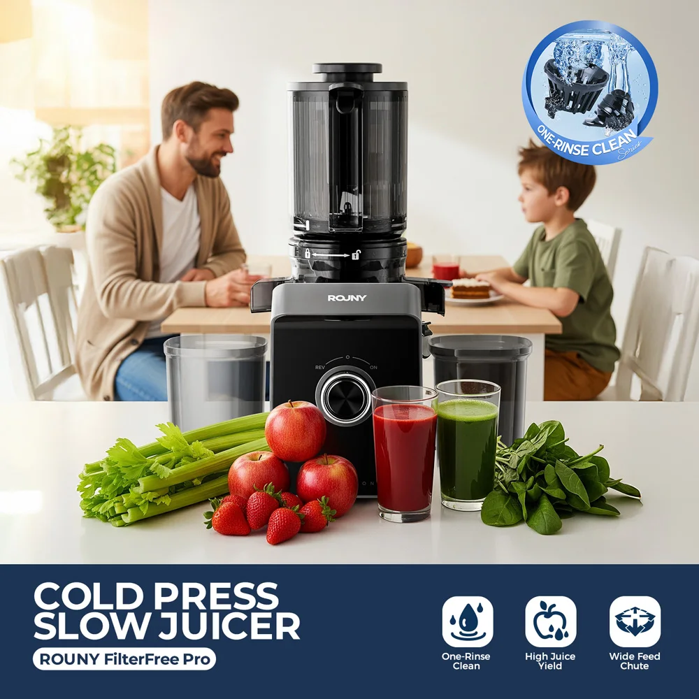 ROUNY Slow Juicer, Cold Press Extractor with Filter-Free, Easy Clean Electric Fruit Juicer Machine with Large Caliber,  Black