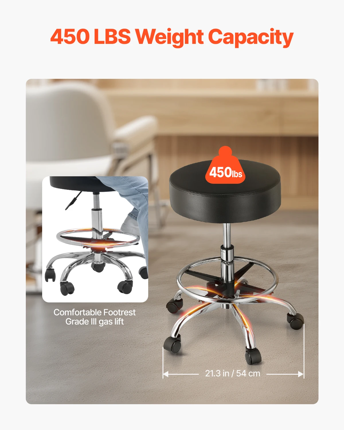 SucceBuy Rolling Stool w/ Wheels 450 LBS Weight Capacity Round Rolling Stool Chair Height Adjustable for Salon Spa Tattoo Clinic SucceBuy Rolling Stool w/ Wheels 450 LBS Weight Capacity Round Rolling Stool Chair Height Adjustable for Salon Spa Tattoo Clinic