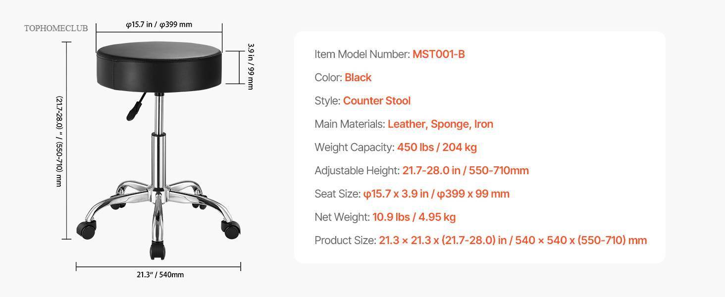 SucceBuy Rolling Stool w/ Wheels 450 LBS Weight Capacity Round Rolling Stool Chair Height Adjustable for Salon Spa Tattoo Clinic