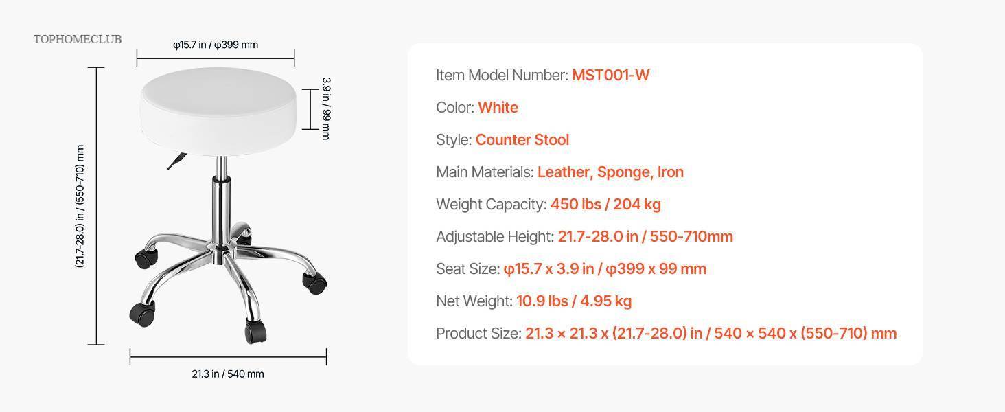 SucceBuy Rolling Stool w/ Wheels 450 LBS Weight Capacity Round Rolling Stool Chair Height Adjustable for Salon Spa Tattoo Clinic