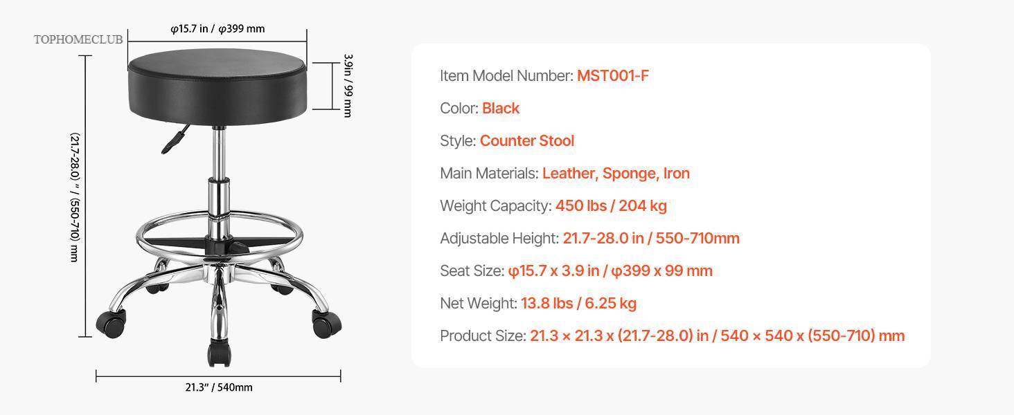 SucceBuy Rolling Stool w/ Wheels 450 LBS Weight Capacity Round Rolling Stool Chair Height Adjustable for Salon Spa Tattoo Clinic