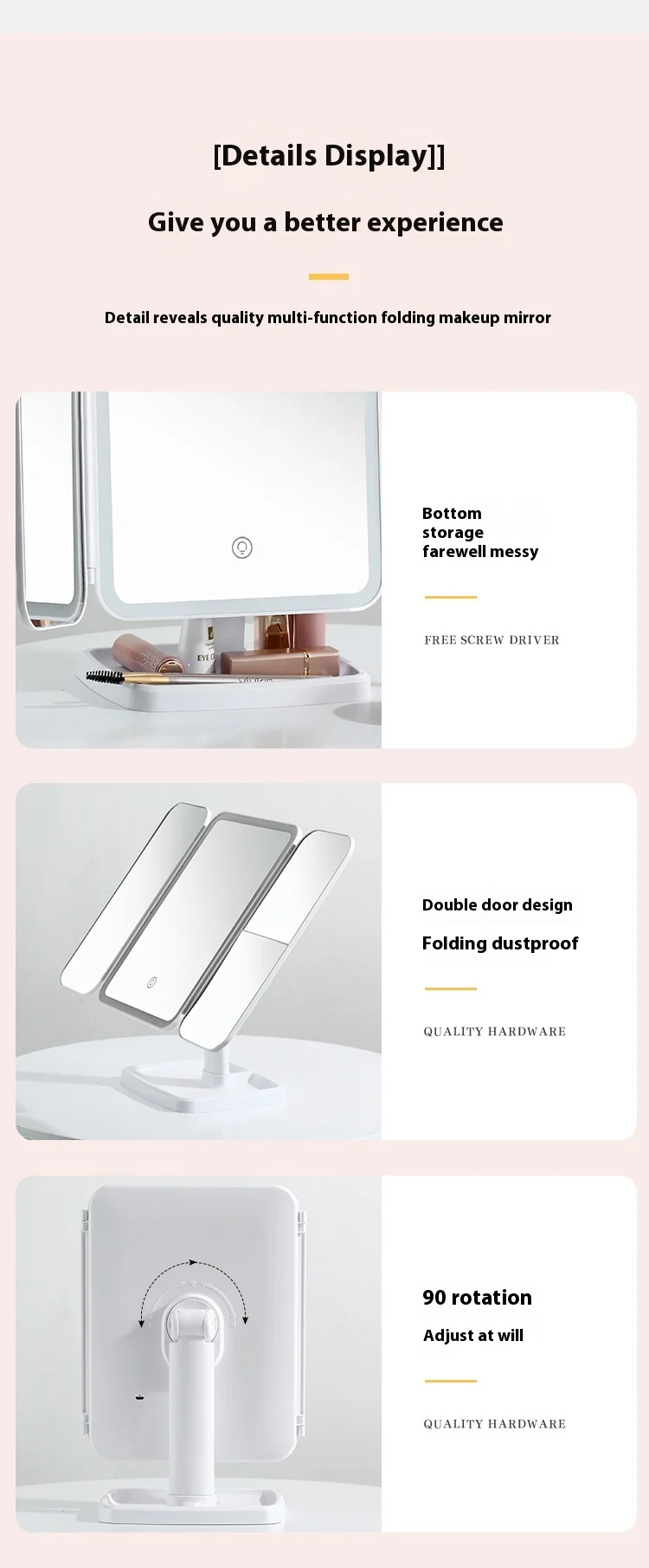 3 Lights Dimmable LED Makeup Mirror with Touch Screen Fold Cosmetic Makeup Mirror Rechargeable Tabletop for Travel & Home Use 3 Lights Dimmable LED Makeup Mirror with Touch Screen Fold Cosmetic Makeup Mirror Rechargeable Tabletop for Travel & Home Use