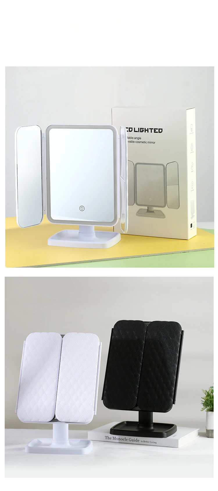 3 Lights Dimmable LED Makeup Mirror with Touch Screen Fold Cosmetic Makeup Mirror Rechargeable Tabletop for Travel & Home Use 3 Lights Dimmable LED Makeup Mirror with Touch Screen Fold Cosmetic Makeup Mirror Rechargeable Tabletop for Travel & Home Use
