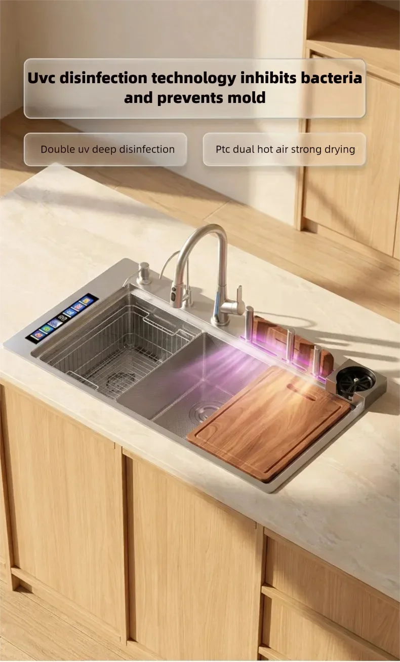 304 Stainless Steel Kitchen Sink with Ultrasonic Bubble Cleaning Multifunctional Washing Basin Single Bowl and Double-Bowl Sinks