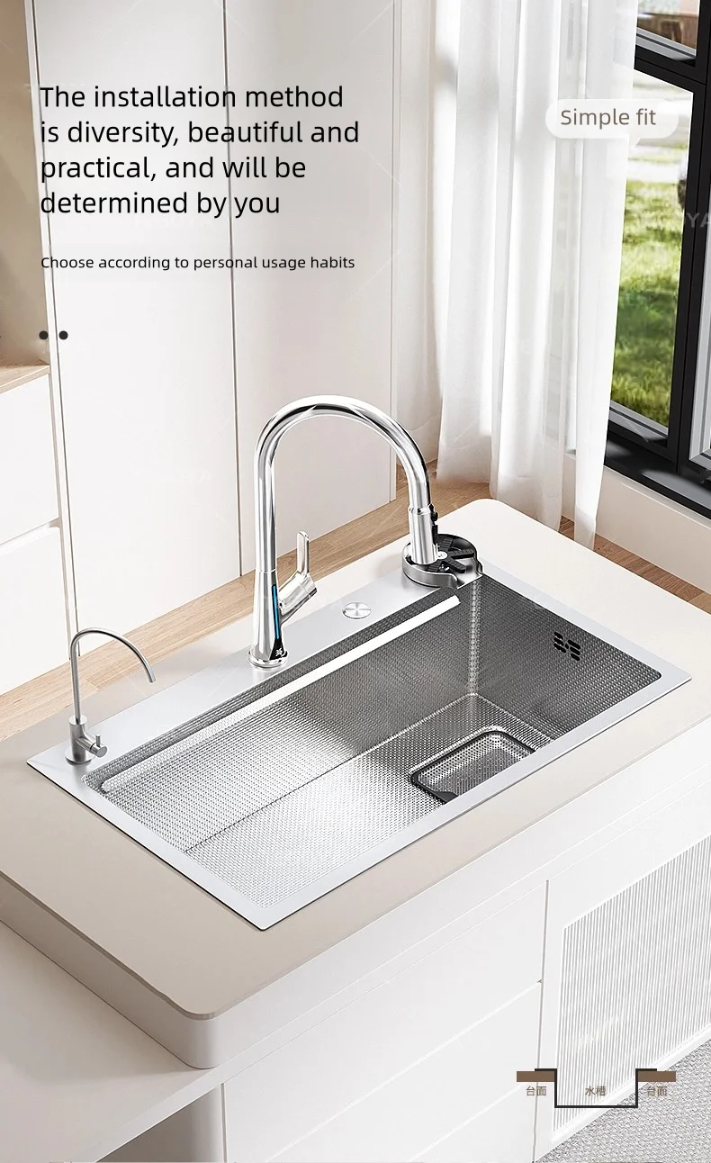 Kitchen 316L Stainless Steel Sink Food Grade Household Large Single Slot Rice Embossing Wash Dishes and Vegetables Basin