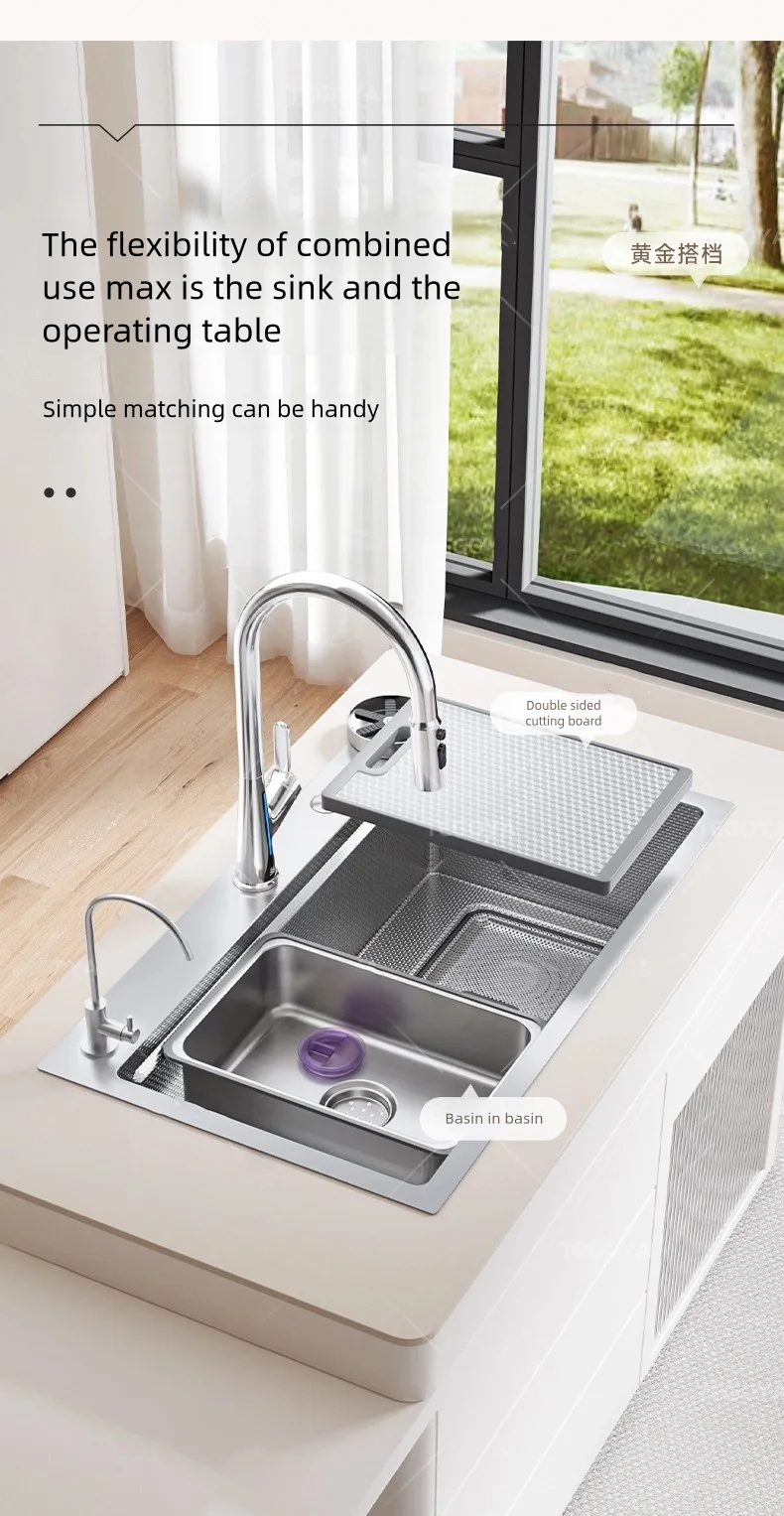 Kitchen 316L Stainless Steel Sink Food Grade Household Large Single Slot Rice Embossing Wash Dishes and Vegetables Basin